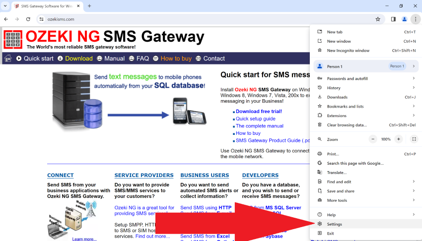 opening the settings options in your browser